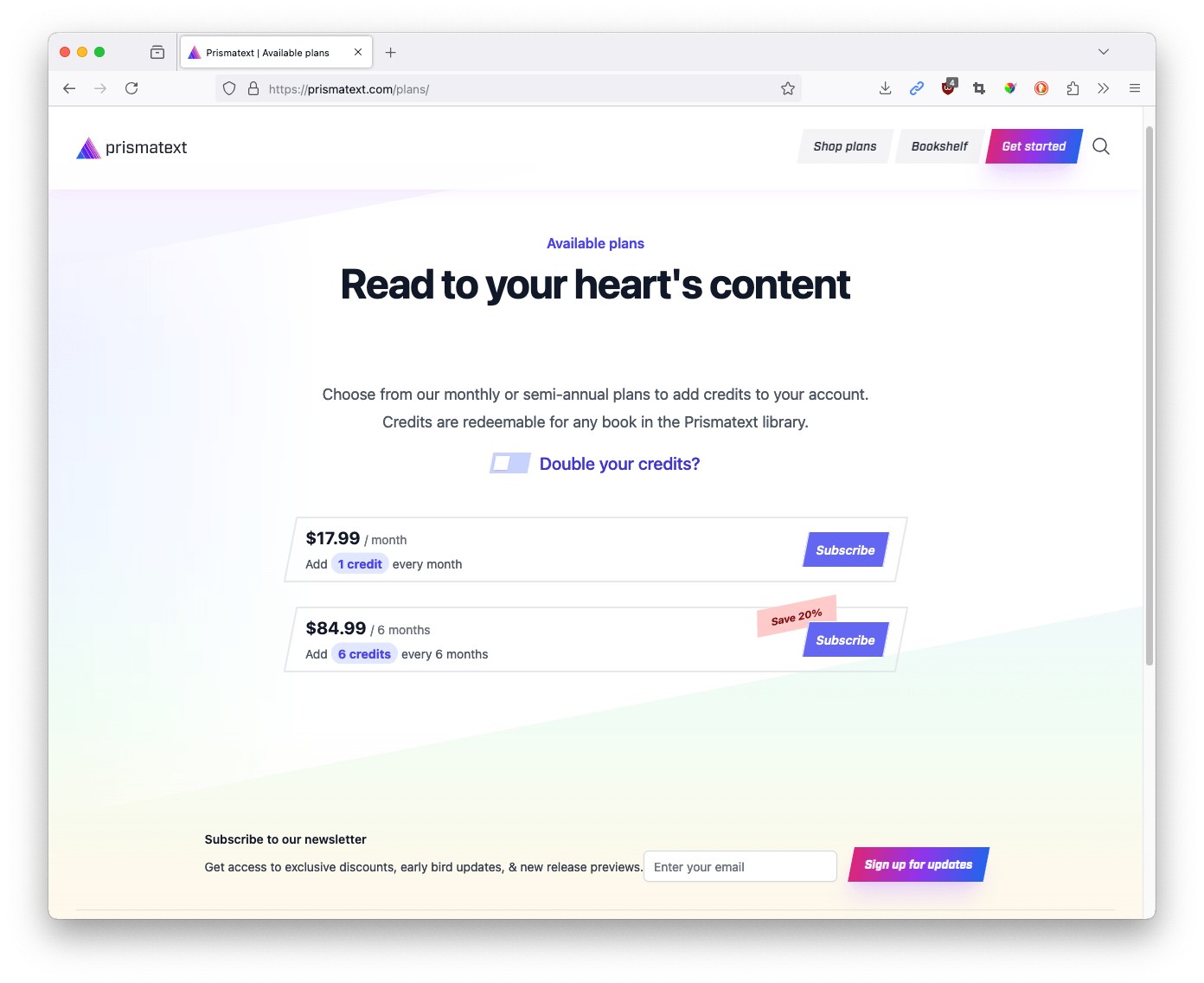 Screenshot of Prismatext subscription plans